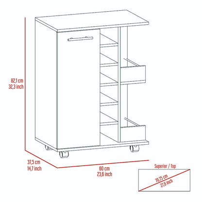 Wooden Bar Cart, Kitchen Serving Cart with Wine Rack and 1-Door Cabinet, 23.6x14.8x32.2 in.