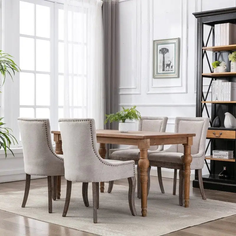 Grondin French Country Vintage Style Dining Chair Set of 2 with Linen Upholstery and Nail Head Trim Details