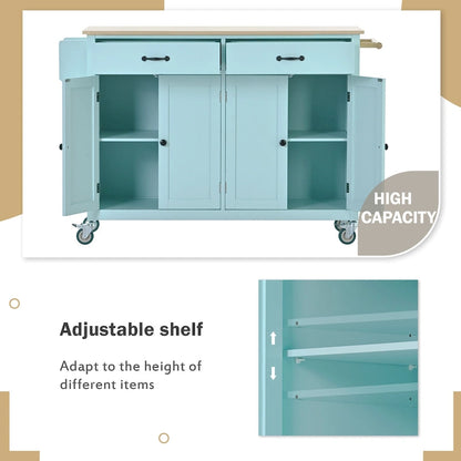 Kitchen Island Cart with 4 Door Cabinet and Two Drawers and 2 Locking Wheels - Solid Wood Top