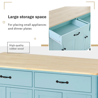 Kitchen Island Cart with 4 Door Cabinet and Two Drawers and 2 Locking Wheels - Solid Wood Top