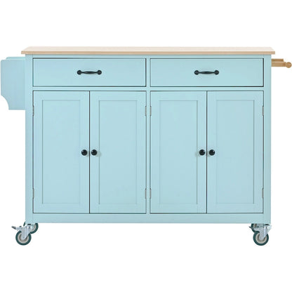 Kitchen Island Cart with 4 Door Cabinet and Two Drawers and 2 Locking Wheels - Solid Wood Top