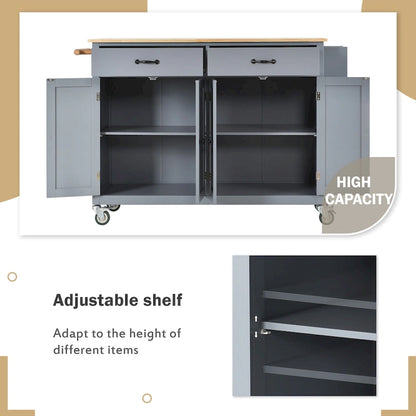 Kitchen Island Cart with 4 Door Cabinet and Two Drawers and 2 Locking Wheels - Solid Wood Top