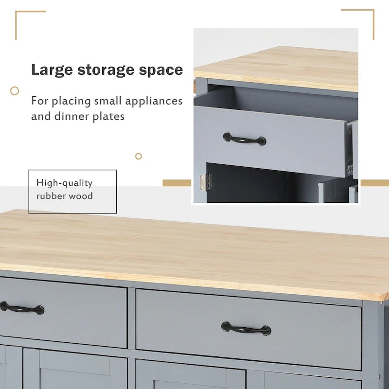 Kitchen Island Cart with 4 Door Cabinet and Two Drawers and 2 Locking Wheels - Solid Wood Top