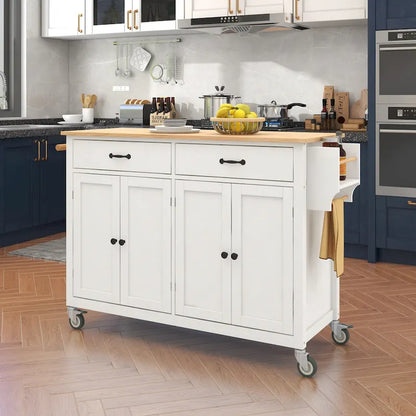 Kitchen Island Cart with 4 Door Cabinet and Two Drawers and 2 Locking Wheels - Solid Wood Top