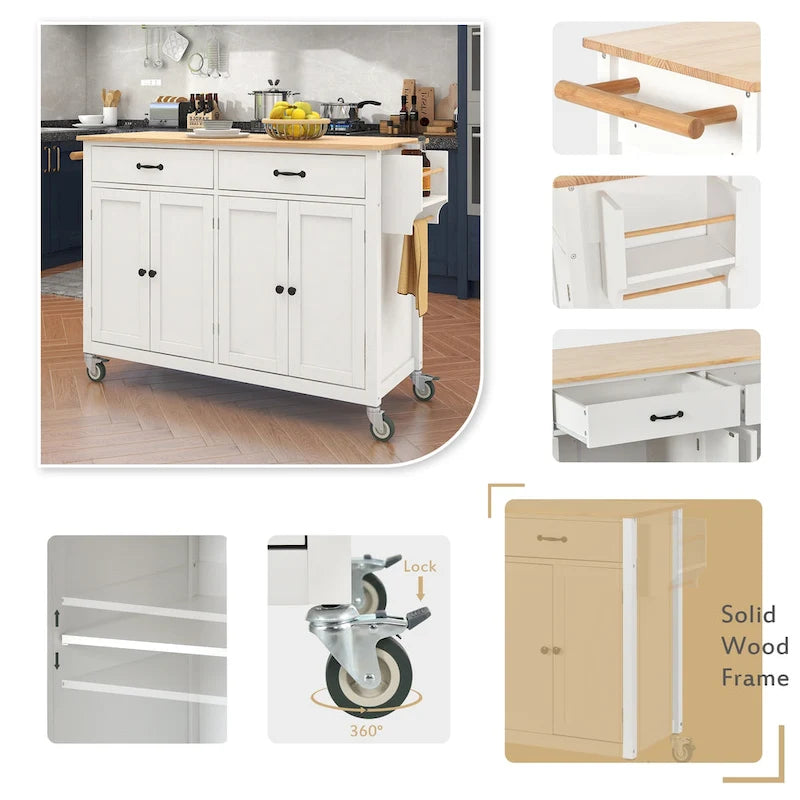Kitchen Island Cart with 4 Door Cabinet and Two Drawers and 2 Locking Wheels - Solid Wood Top