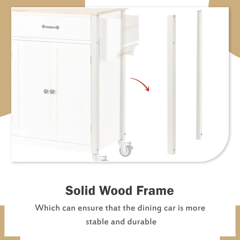 Kitchen Island Cart with 4 Door Cabinet and Two Drawers and 2 Locking Wheels - Solid Wood Top