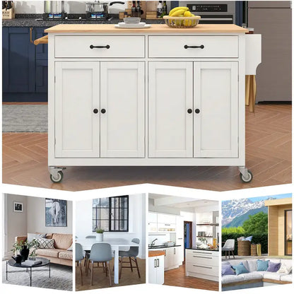 Kitchen Island Cart with 4 Door Cabinet and Two Drawers and 2 Locking Wheels - Solid Wood Top