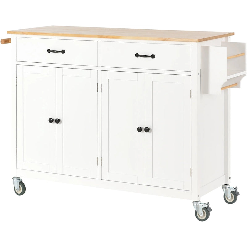 Kitchen Island Cart with 4 Door Cabinet and Two Drawers and 2 Locking Wheels - Solid Wood Top
