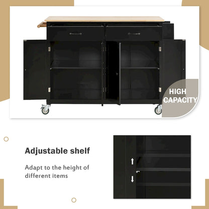 Kitchen Island Cart with 4 Door Cabinet and Two Drawers and 2 Locking Wheels - Solid Wood Top