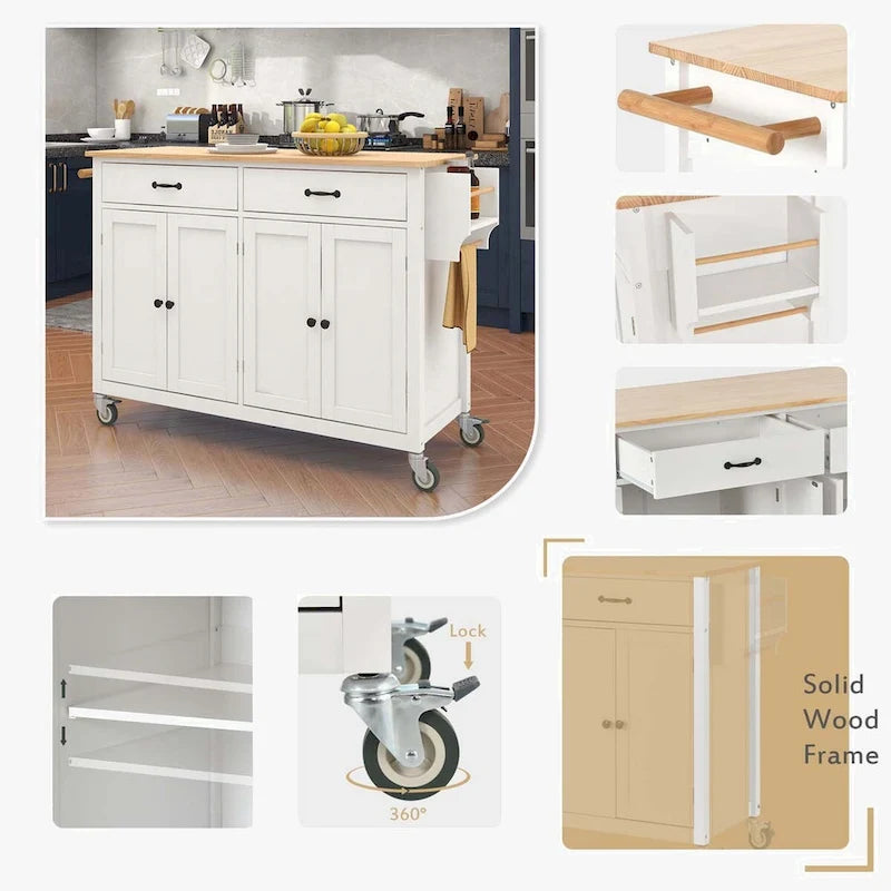 Kitchen Island Cart with Solid Wood Top and Locking Wheels