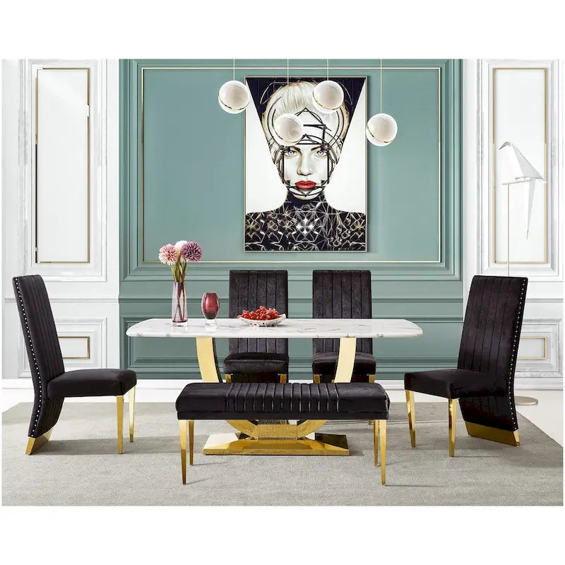 Modern Channel High Back Dining Chairs with Nailhead Trims and Polished Metal Legs