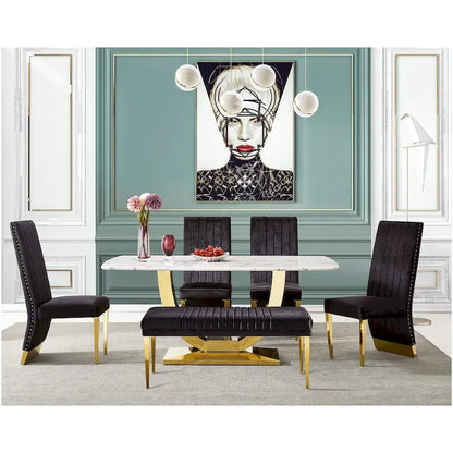 Modern Channel High Back Dining Chairs with Nailhead Trims and Polished Metal Legs
