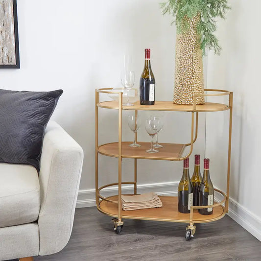 Wood Rolling 3 Shelves Bar Cart with Handles - Gold - Roche River Decor - 15W x 30L x 30H