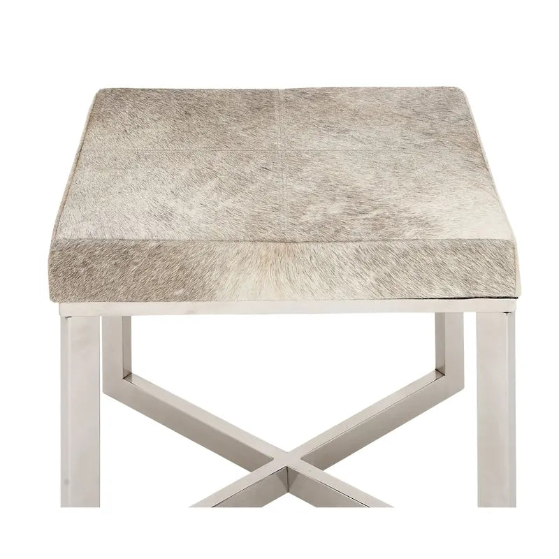 Leather Cowhide Stool with Silver Stainless Steel Base - Gray - Roche River Decor