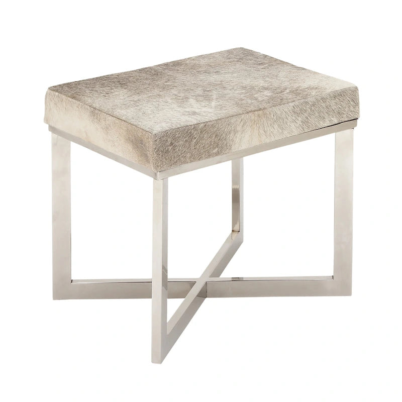 Leather Cowhide Stool with Silver Stainless Steel Base - Gray - Roche River Decor