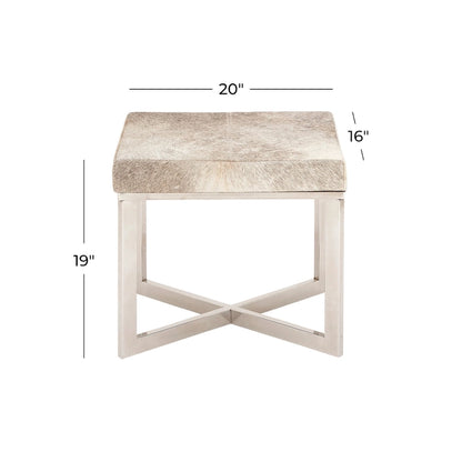 Leather Cowhide Stool with Silver Stainless Steel Base - Gray - Roche River Decor