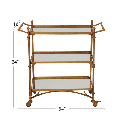 Metal Rolling 3 Mirrored Shelves Bar Cart with Handles - Brass - Roche River Decor - 18W x 35L x 33H