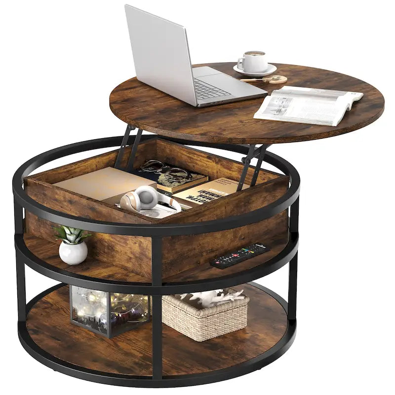 Moasis Round Lift Top Coffee Table with Hidden Storage and Shelf