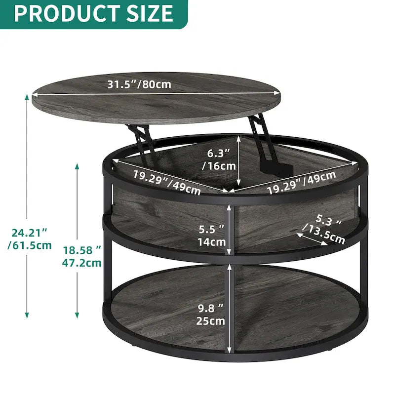 Moasis Round Lift Top Coffee Table with Hidden Storage and Shelf