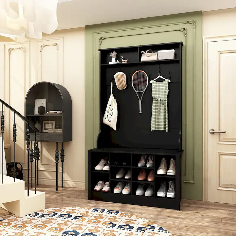 Entryway Hall Trees Bench Shoe Storage Cabinet Coat Rack Hooks White