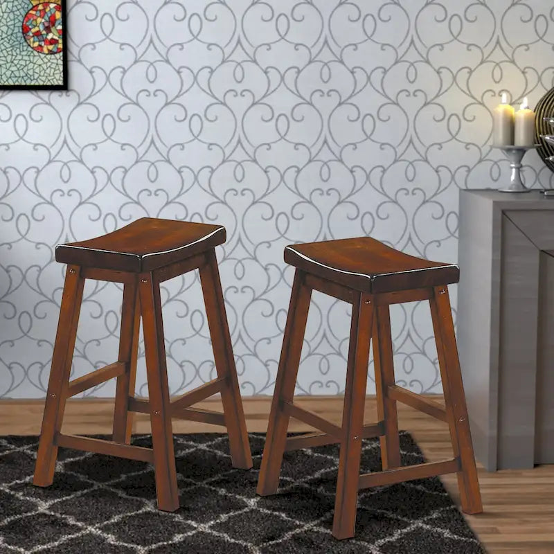 Wooden 24  Counter Height Stool with Saddle Seat, Distressed Cherry, Set Of 2
