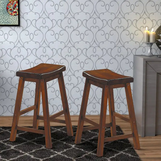 Wooden 24  Counter Height Stool with Saddle Seat, Distressed Cherry, Set Of 2