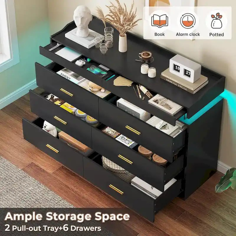 6 Drawer Dresser 2 Pull-Out Tray LED Light Chest of Drawers