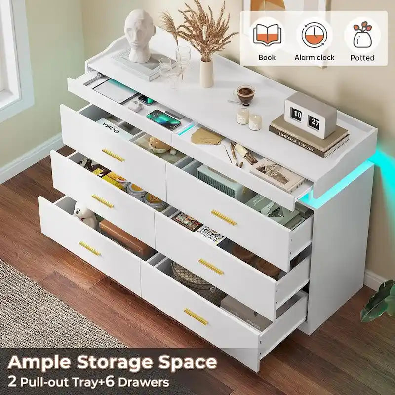 6 Drawer Dresser 2 Pull-Out Tray LED Light Chest of Drawers