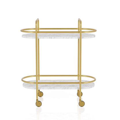 Mardoc Contemporary White and Gold Faux Marble Two Tiers Serving Cart with Caster Wheels by Furniture of America