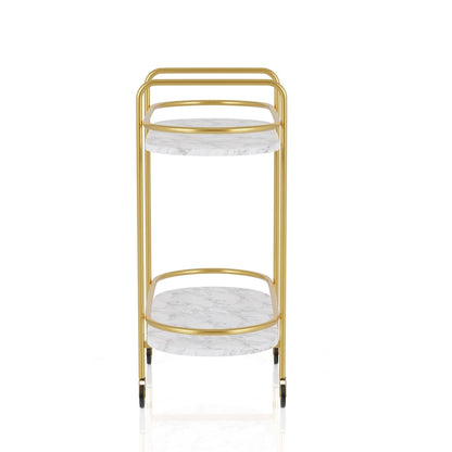 Mardoc Contemporary White and Gold Faux Marble Two Tiers Serving Cart with Caster Wheels by Furniture of America