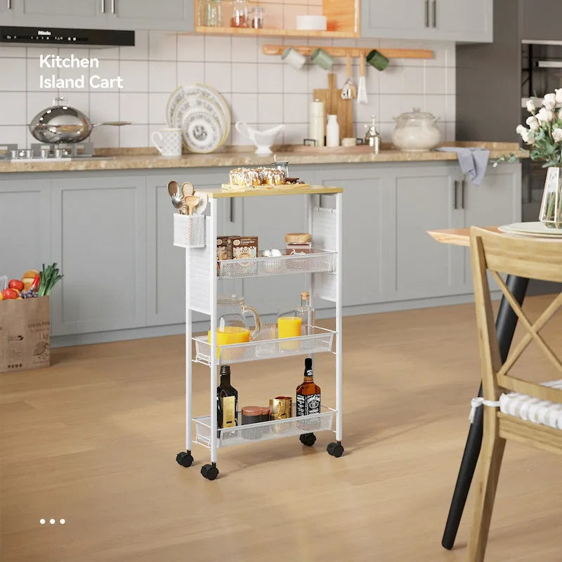 Kleio Wood Rolling Kitchen Cart with Wooden Tabletop and Mesh Baskets