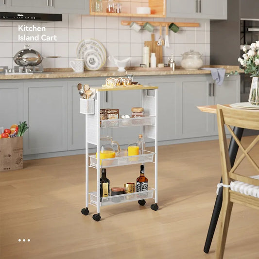 Kleio Wood Rolling Kitchen Cart with Wooden Tabletop and Mesh Baskets