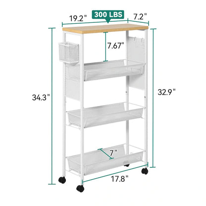 Kleio Wood Rolling Kitchen Cart with Wooden Tabletop and Mesh Baskets
