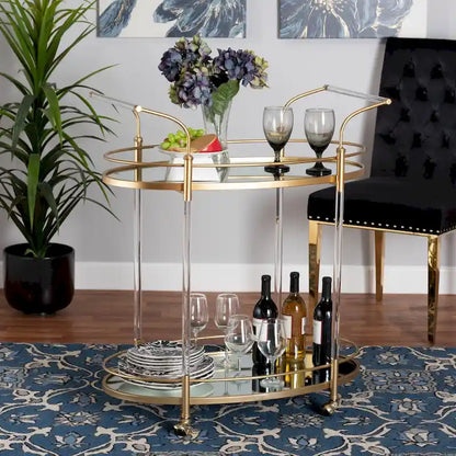 Nakano Contemporary Glam and Luxe Gold Metal and Mirrored Glass 2-Tier Wine Cart