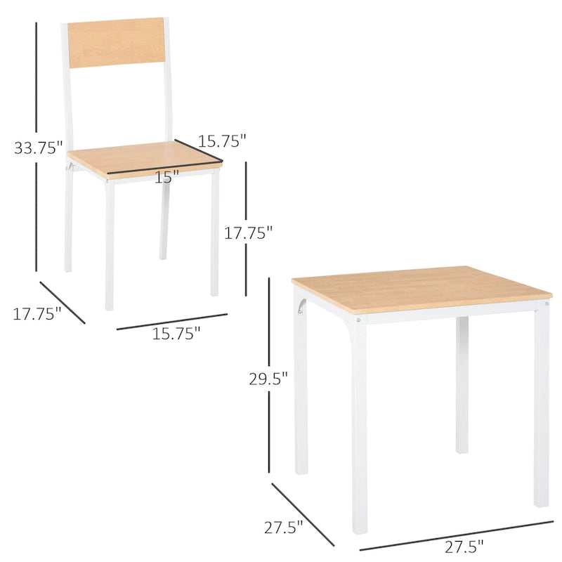 HOMCOM 3-Piece Wooden Square Dining Table Set with 1 Table and 2 Chairs and Sturdy Metal Frame, White