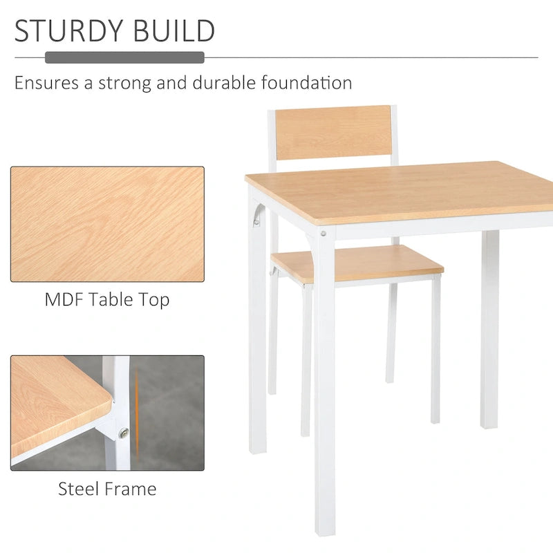 HOMCOM 3-Piece Wooden Square Dining Table Set with 1 Table and 2 Chairs and Sturdy Metal Frame, White