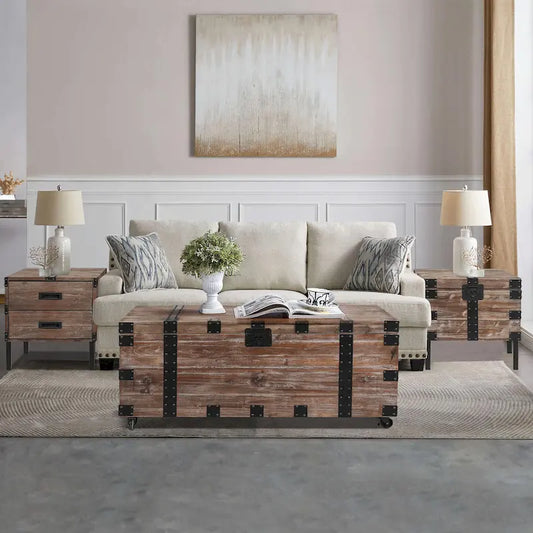 Antique Reclaimed Wood Gray Trunk and Side Table, Set of 3