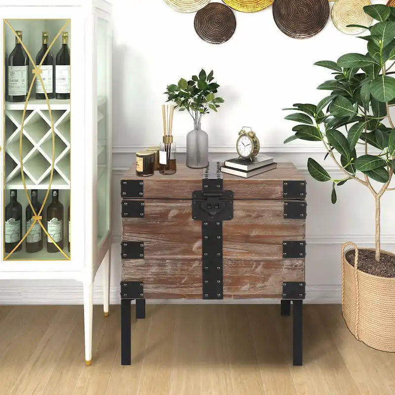 Antique Reclaimed Wood Gray Trunk and Side Table, Set of 3
