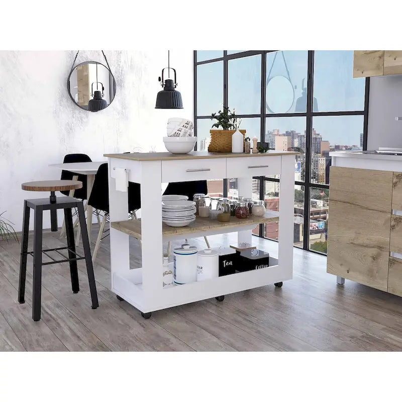 Light Oak and White Kitchen Island with Drawer Shelves and Casters - 20 X 40 X 20