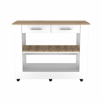 Light Oak and White Kitchen Island with Drawer Shelves and Casters - 20 X 40 X 20