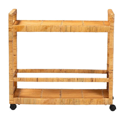Genet Modern Bohemian Natural Brown Rattan and Teak Wood 2-Tier Kitchen Cart