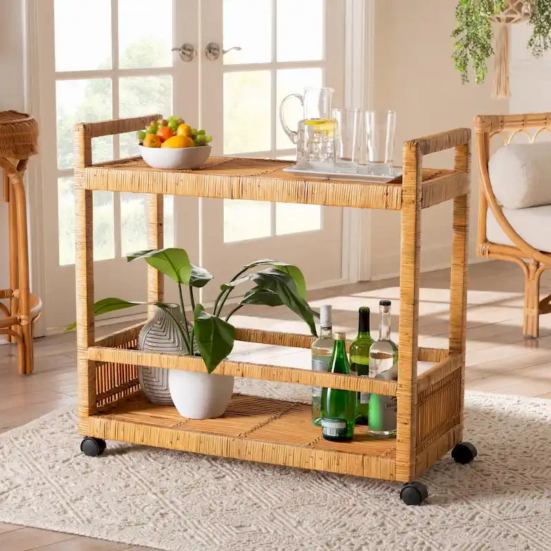 Genet Modern Bohemian Natural Brown Rattan and Teak Wood 2-Tier Kitchen Cart