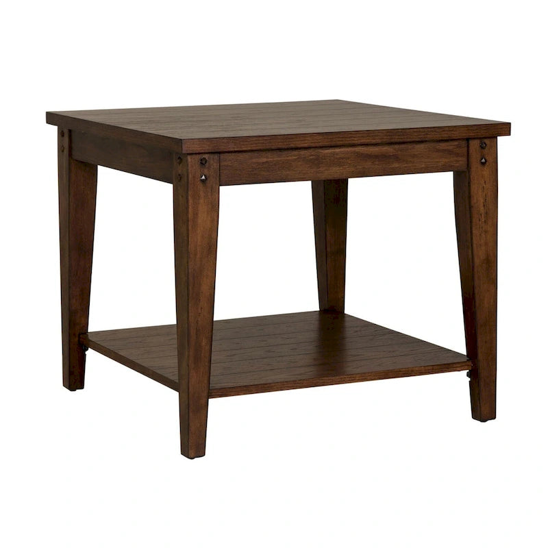 Rustic Brown Oak Square Lamp Table with Shelf