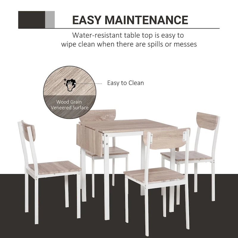 HOMCOM Modern 5-Piece Dining Table Set for 4 with Foldable Drop Leaf, 4 Chairs, and Metal Frame for Small Spaces, White