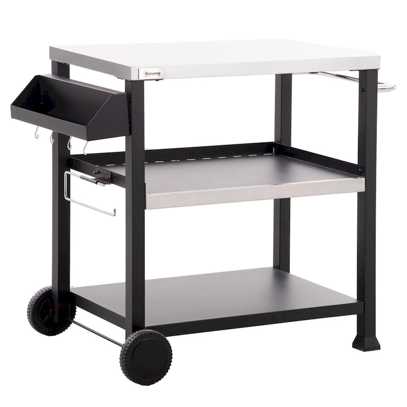 Outsunny Three-Shelf Outdoor Grill Cart with Stainless Steel Tabletop, Side Handle, 32 x 20.5 Multifunctional Pizza Oven Stand
