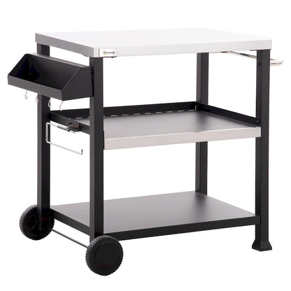 Outsunny Three-Shelf Outdoor Grill Cart with Stainless Steel Tabletop, Side Handle, 32 x 20.5 Multifunctional Pizza Oven Stand