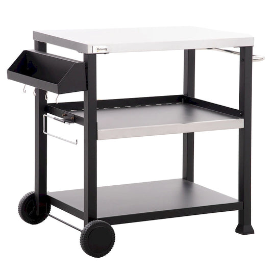 Outsunny Three-Shelf Outdoor Grill Cart with Stainless Steel Tabletop, Side Handle, 32 x 20.5 Multifunctional Pizza Oven Stand