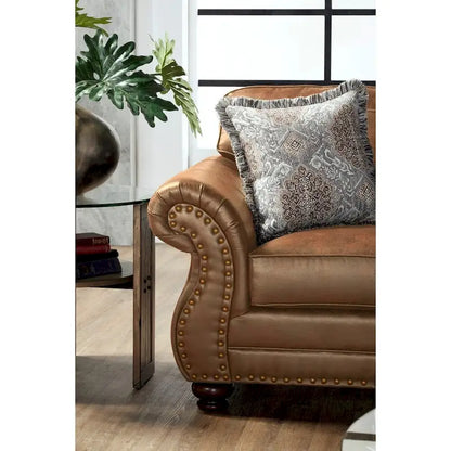 Roundhill Furniture Leinster Fabric Sofa with Antique Bronze Nailheads in Jetson Ginger