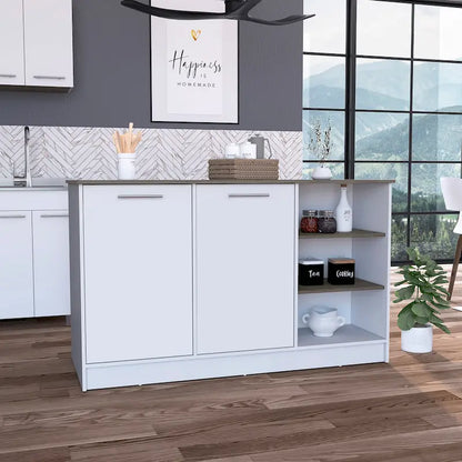 FM Furniture Gladiolus Kitchen Island, Two Cabinets, Three Open Shelves