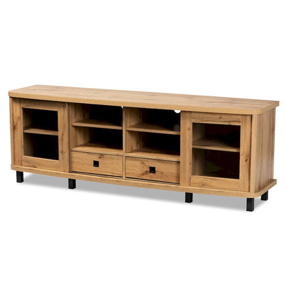 Oak Brown TV Stand with Glass Doors and 2 Drawers